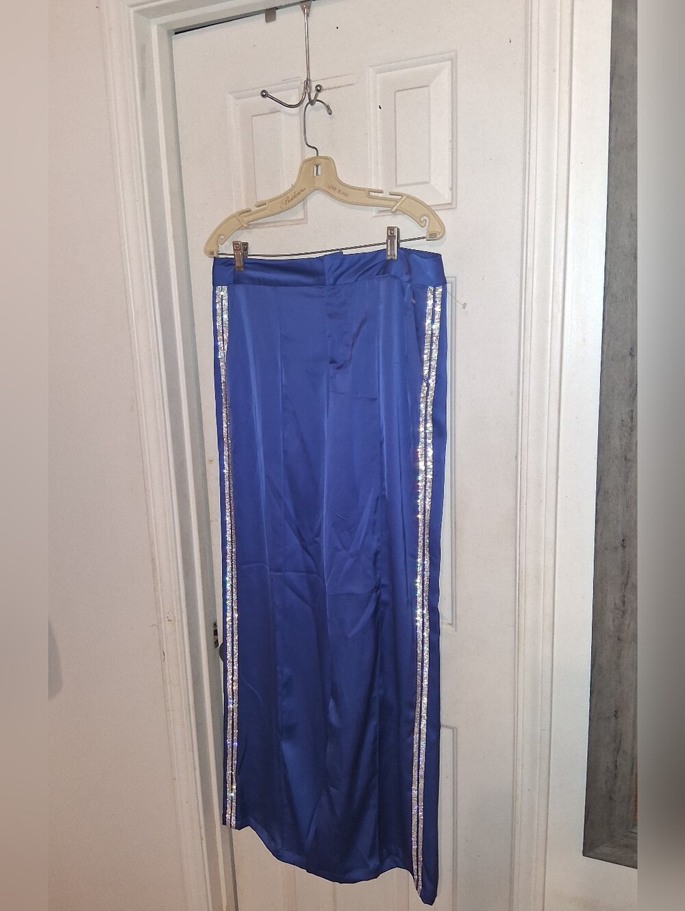 Satin Wide-Leg Pants with Sequin Side Stripe - Royal Blue
